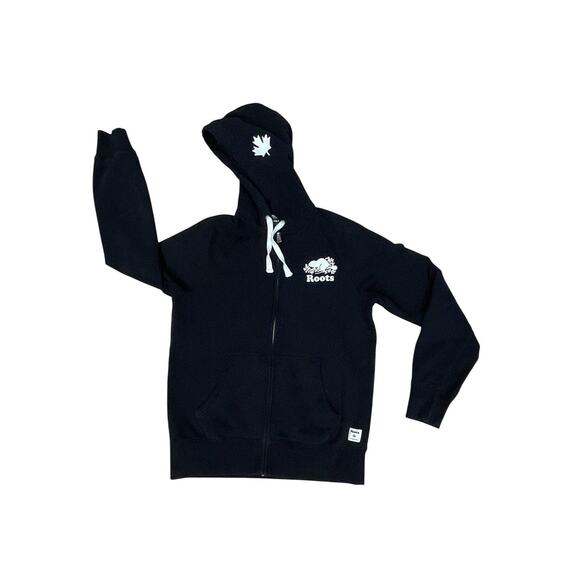 Roots is Canada Hoodie Jacket Men's XS Black Graphic Drawstring Full-Zip-Outdoor - Picture 1 of 12